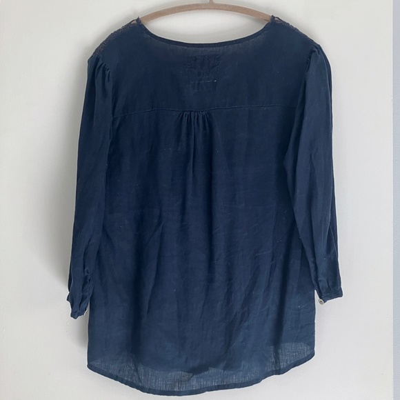 Dark blue 100% linen long sleeve blouse boho top with lace detail size XS / 4 - Picture 2 of 6
